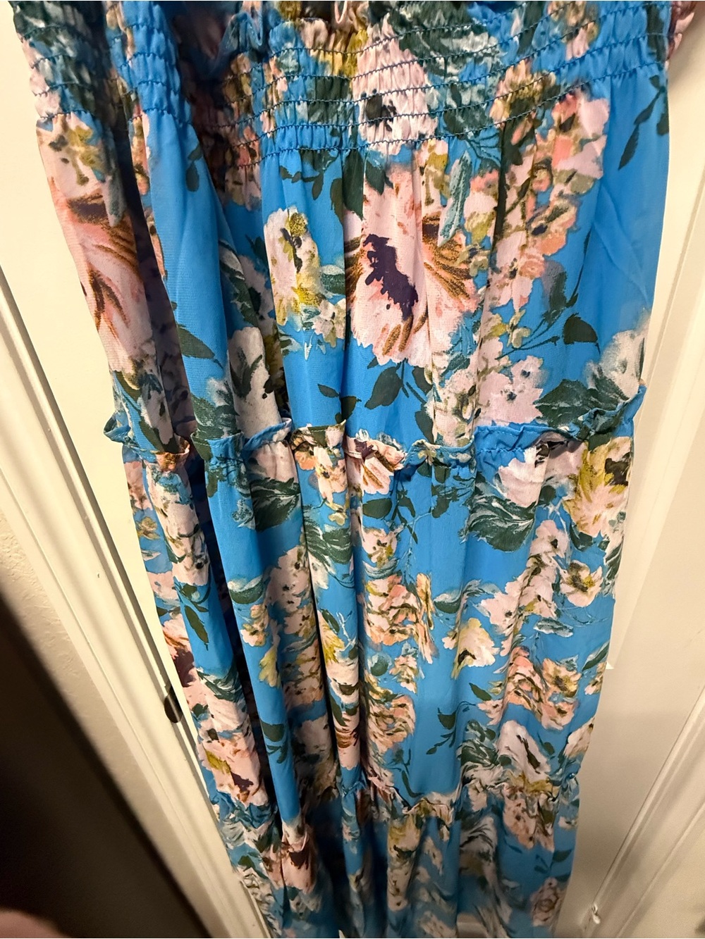 Nina Leonard Blue Floral Halter Maxi Dress Size 1X Smocked Waist - Picture 4 of 10